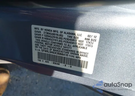 2012 Honda Odyssey Ex-L из США, поврежденный, VIN 5FNRL5H63CB066410